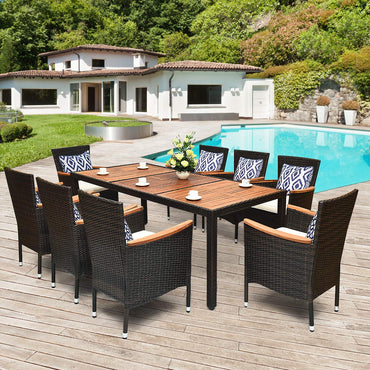 Tangkula 9 Piece Outdoor Dining Set with Acacia Wood Table and Stackable Armrest Chairs