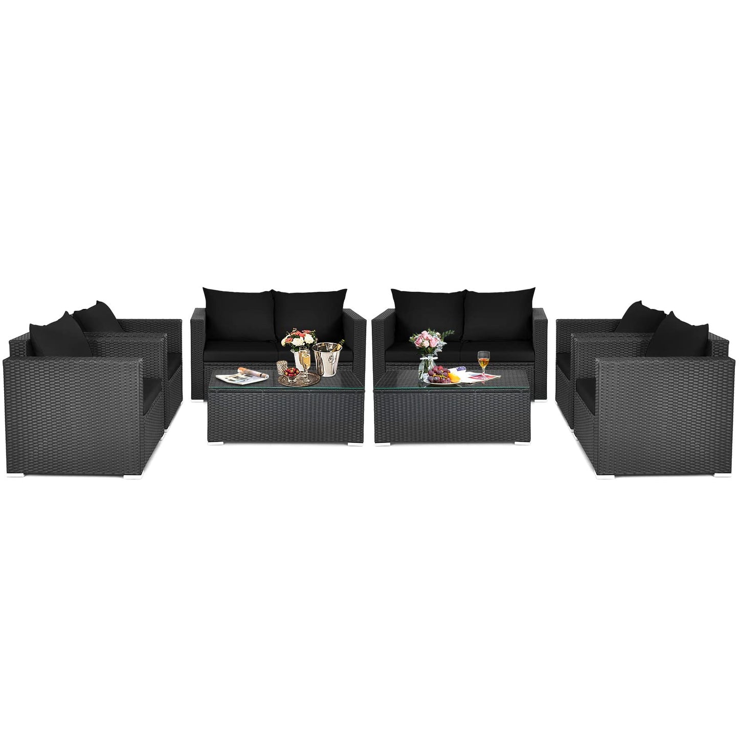 Patio Rattan Conversation Furniture Set, Outdoor Wicker Sofa Set with Padded Cushion & Tempered Glass Coffee Table
