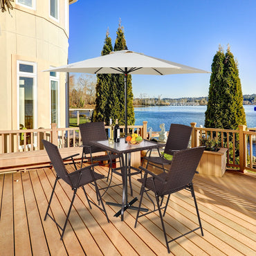 Ensemble de mobilier de jardin 5 pièces, table de bar carrée en verre et 4 chaises pliantes en osier