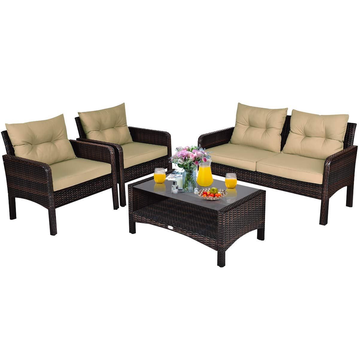 Tangkula 4 Piece Patio Furniture Set with Glass Top Coffee Table