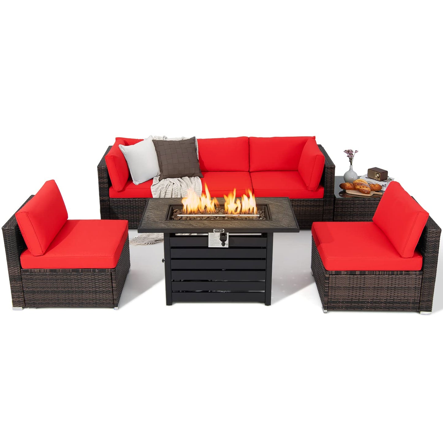 Tangkula 7 Piece Outdoor Patio Furniture Set with 42" Propane Fire Pit Table