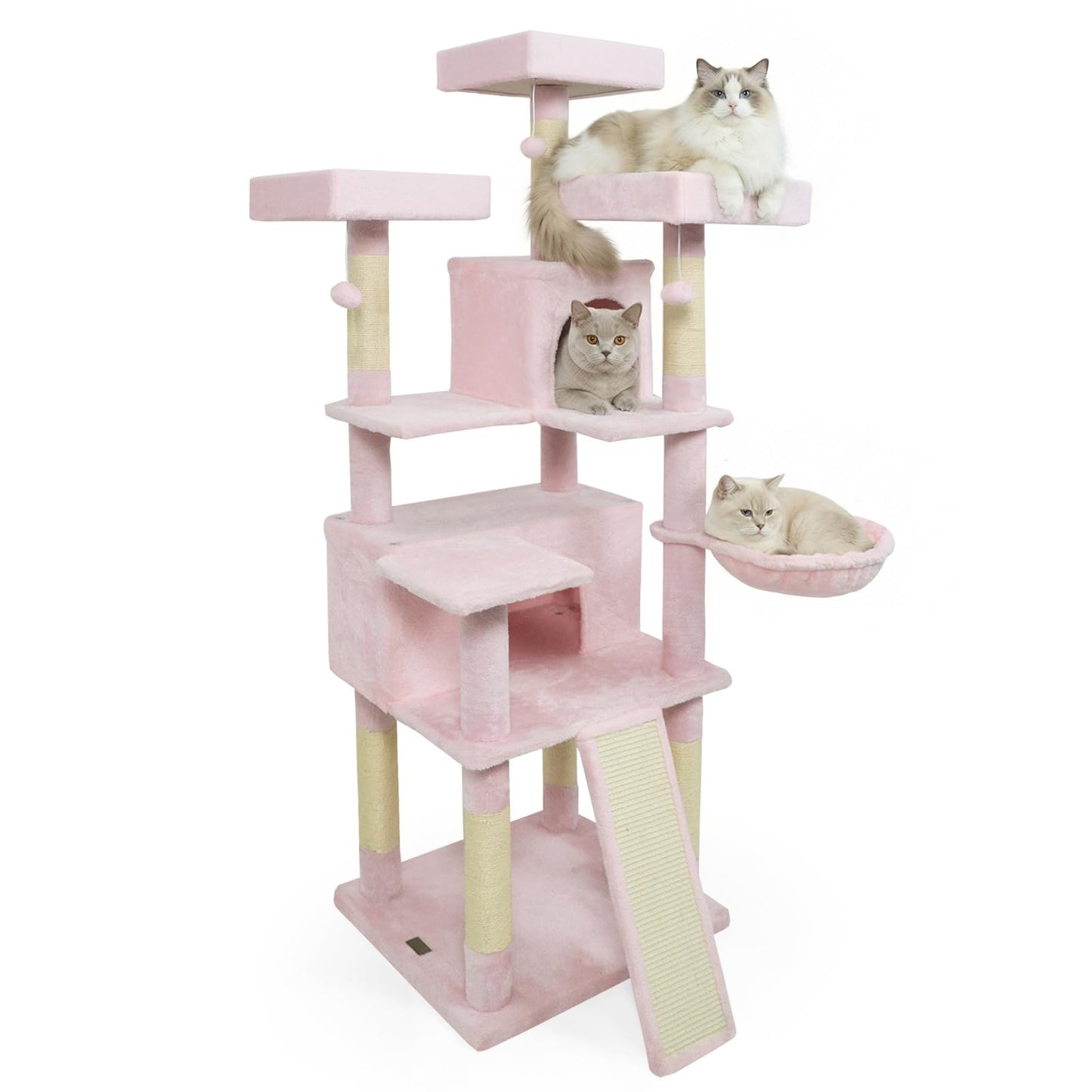 Tangkula 65 Inch Tall Multi-Level Cat Tree with 2 Condos 3 Plush Top Perches & 3 Hanging Balls