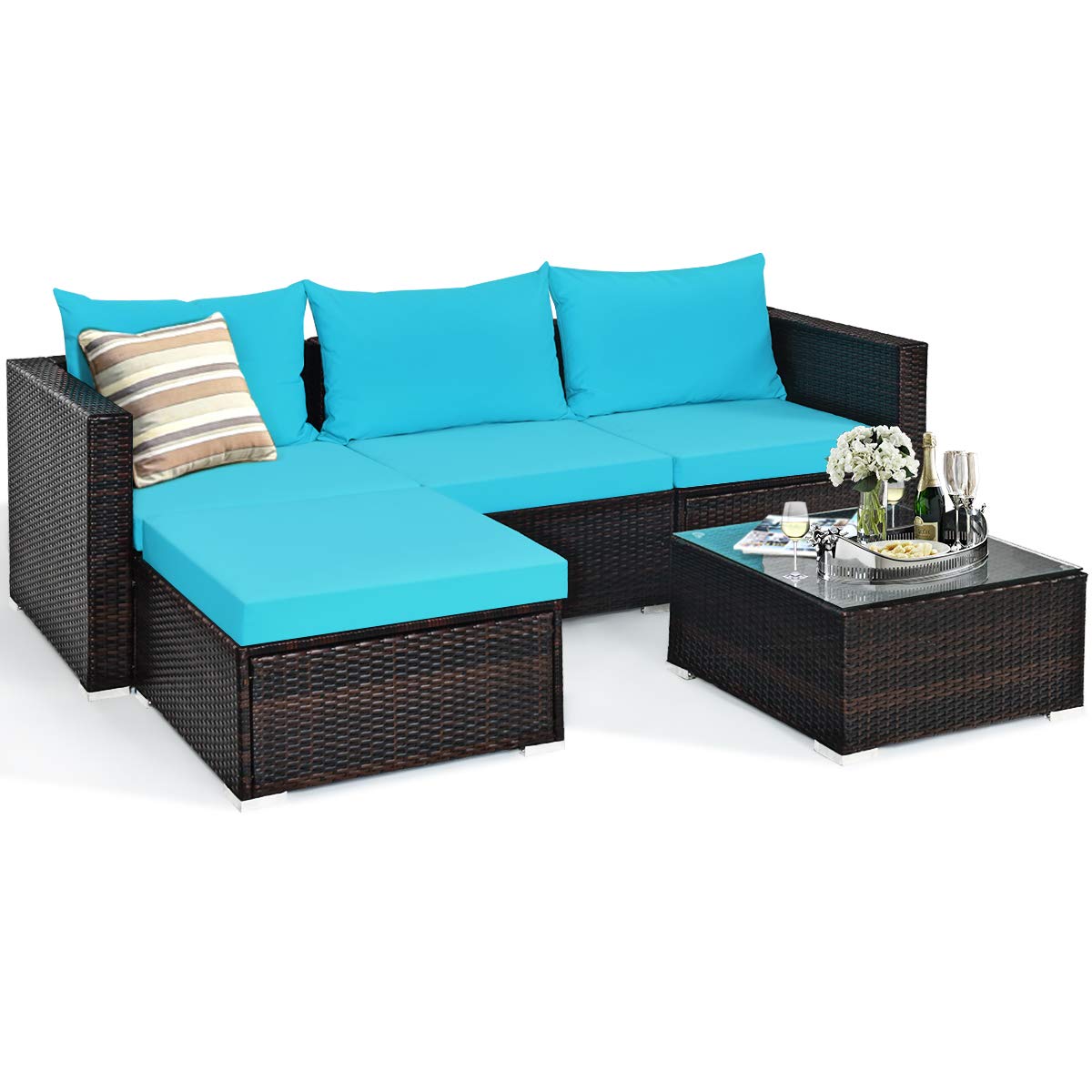 Tangkula 5 Piece Outdoor Patio Furniture Set with Glass Top Coffee Table