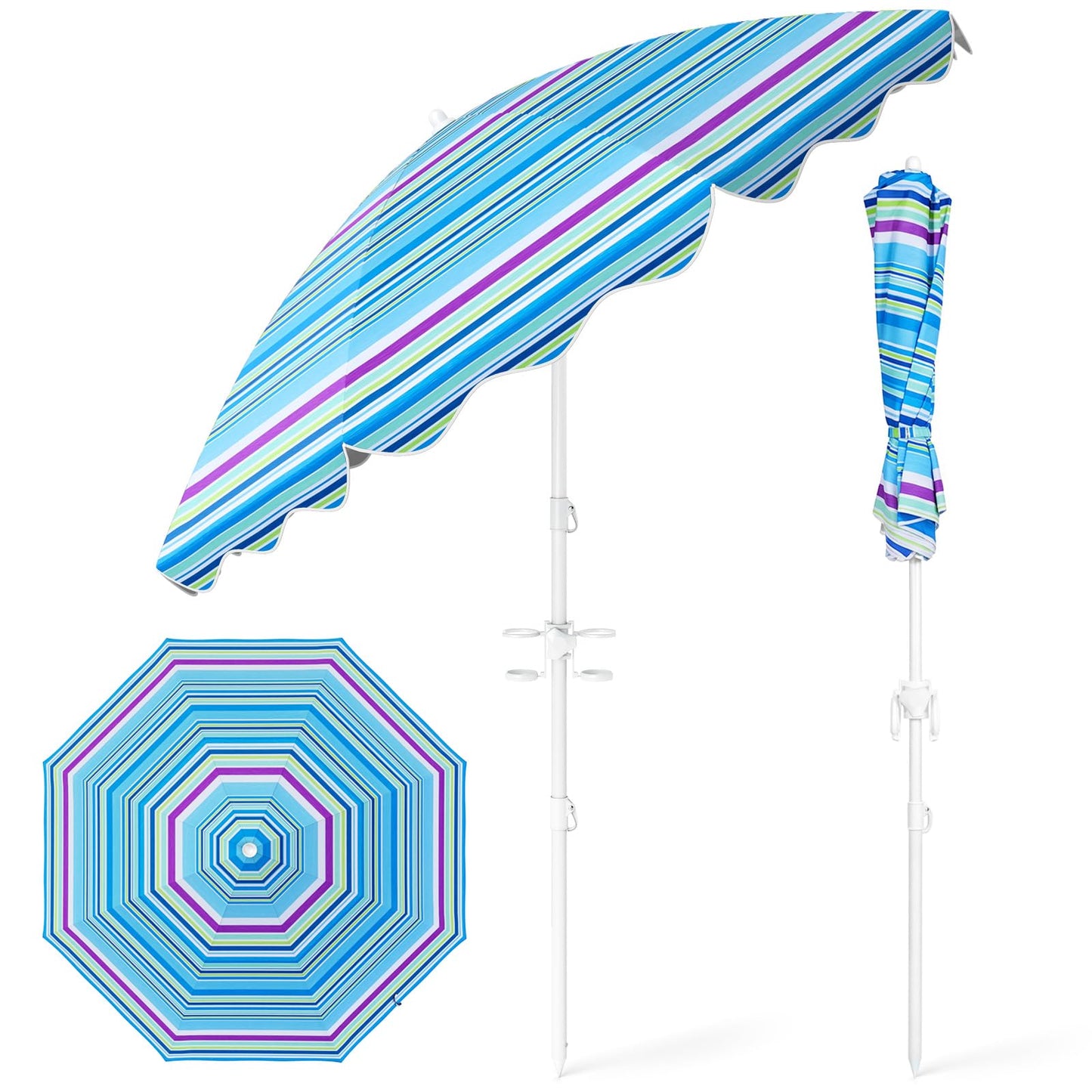 Tangkula 6.5 FT Scalloped Beach Umbrella with Cup Holders