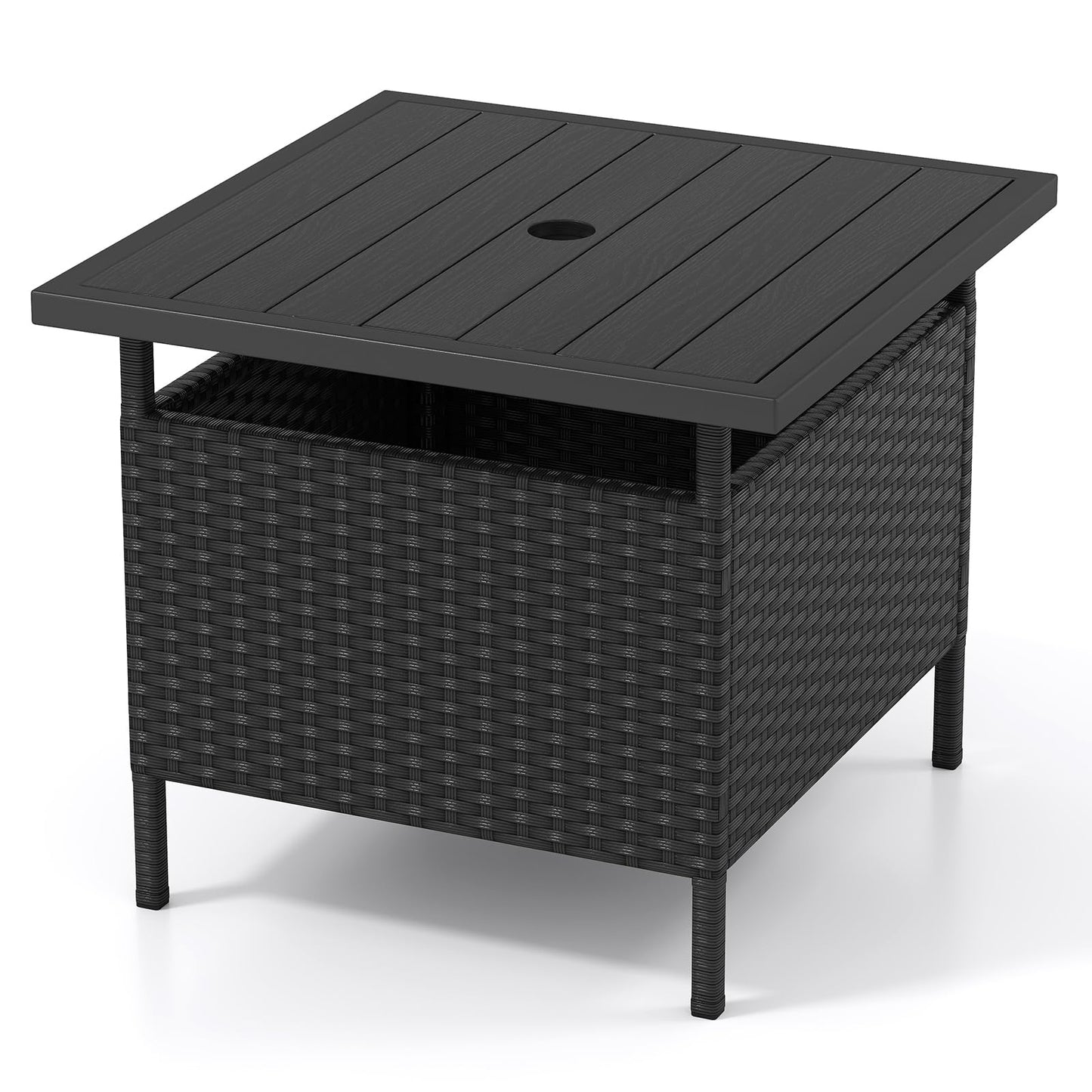 Tangkula Outdoor Wicker Table, Rattan Coffee Table with Umbrella Insert Hole, HDPE Tabletop & Sturdy Metal Frame