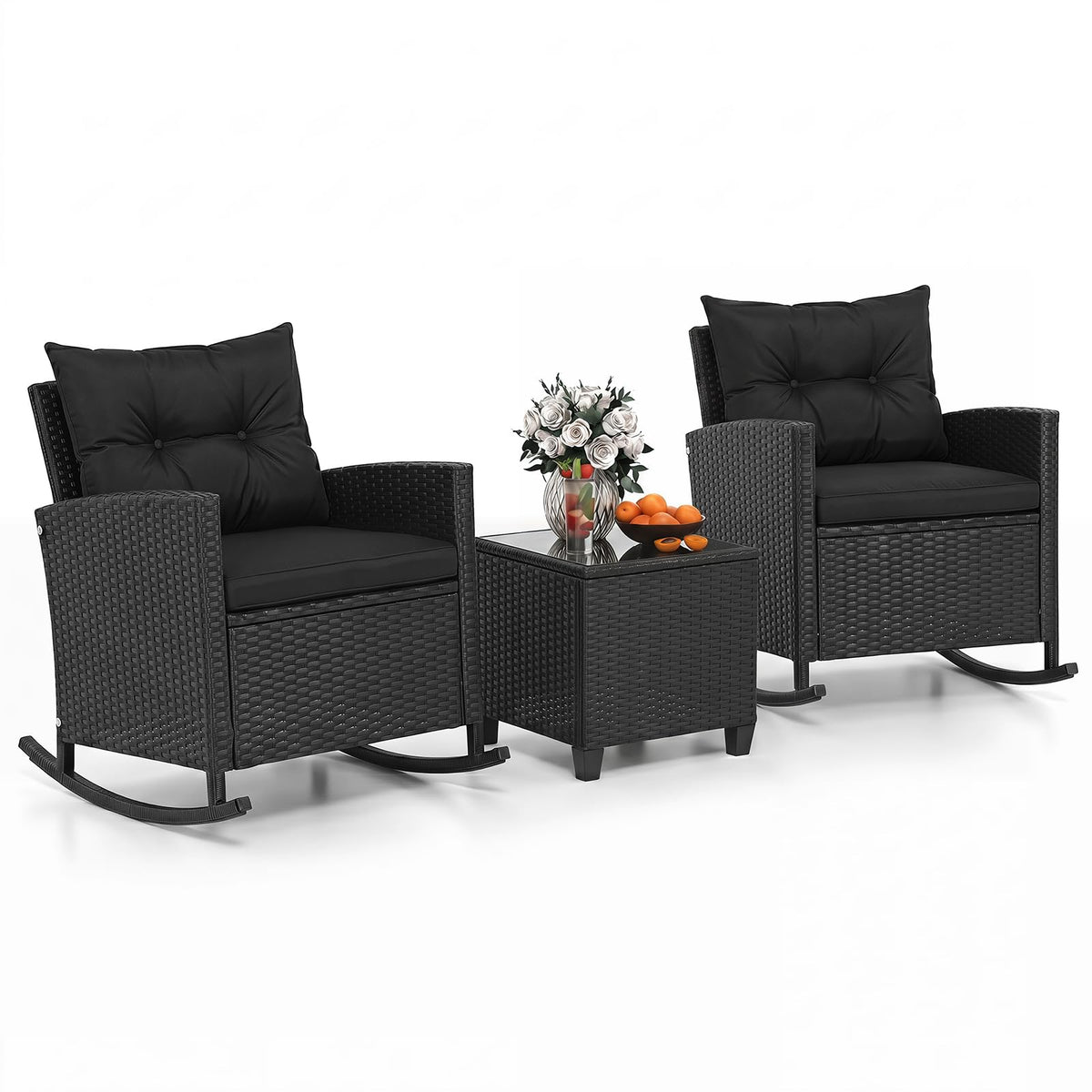 Tangkula 3 Piece Wicker Outdoor Rocking Chairs Set for Porch Garden Patio Backyard Poolside