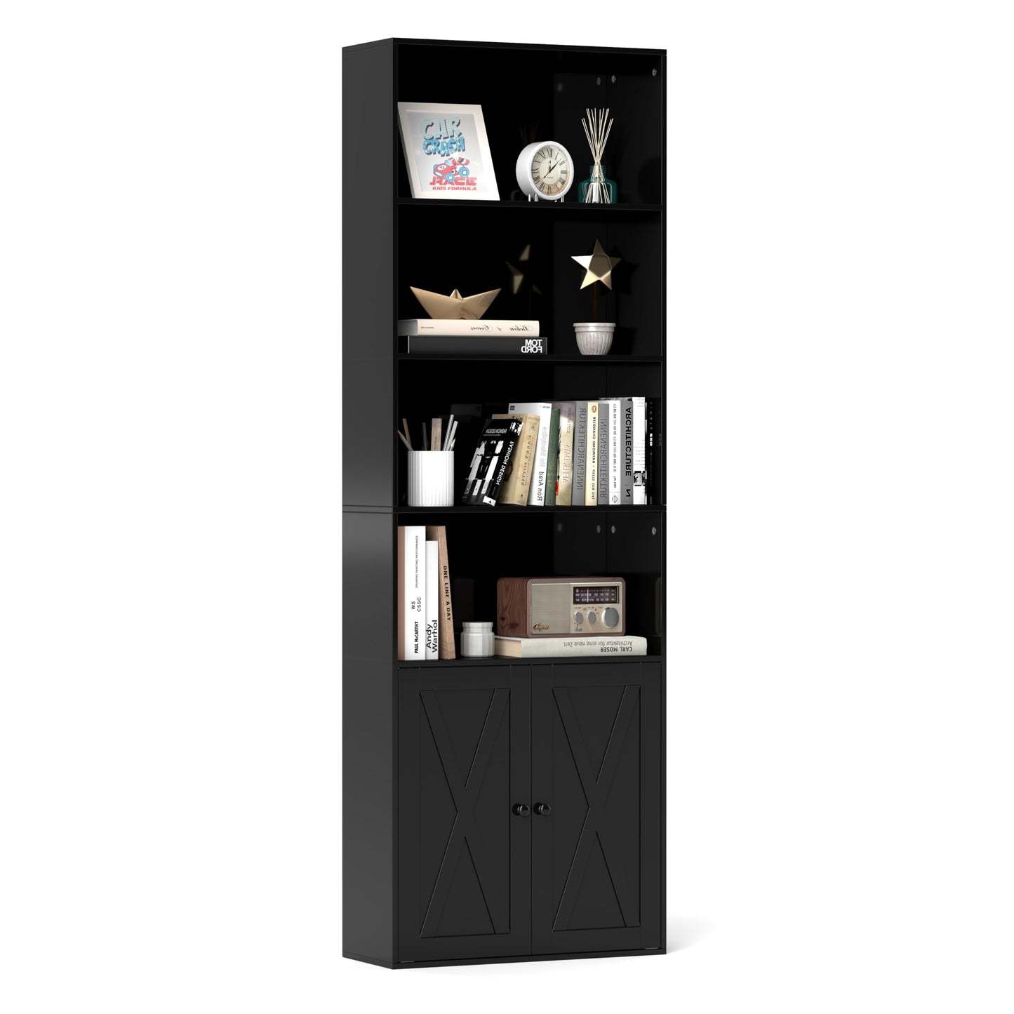 Tangkula Tall Bookcase with Doors, Farmhouse 71" H Freestanding Bookshelf with 6 Shelves & 2-Door Cabinet