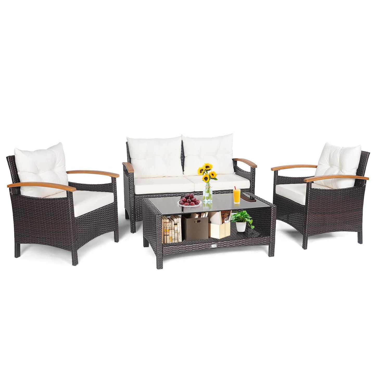 4 Piece Patio Rattan Conversation Set, Outdoor Wicker Sofa Set W/2-Layer Coffee Table