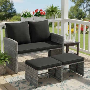 Tangkula Outdoor Loveseat with 2 Ottomans