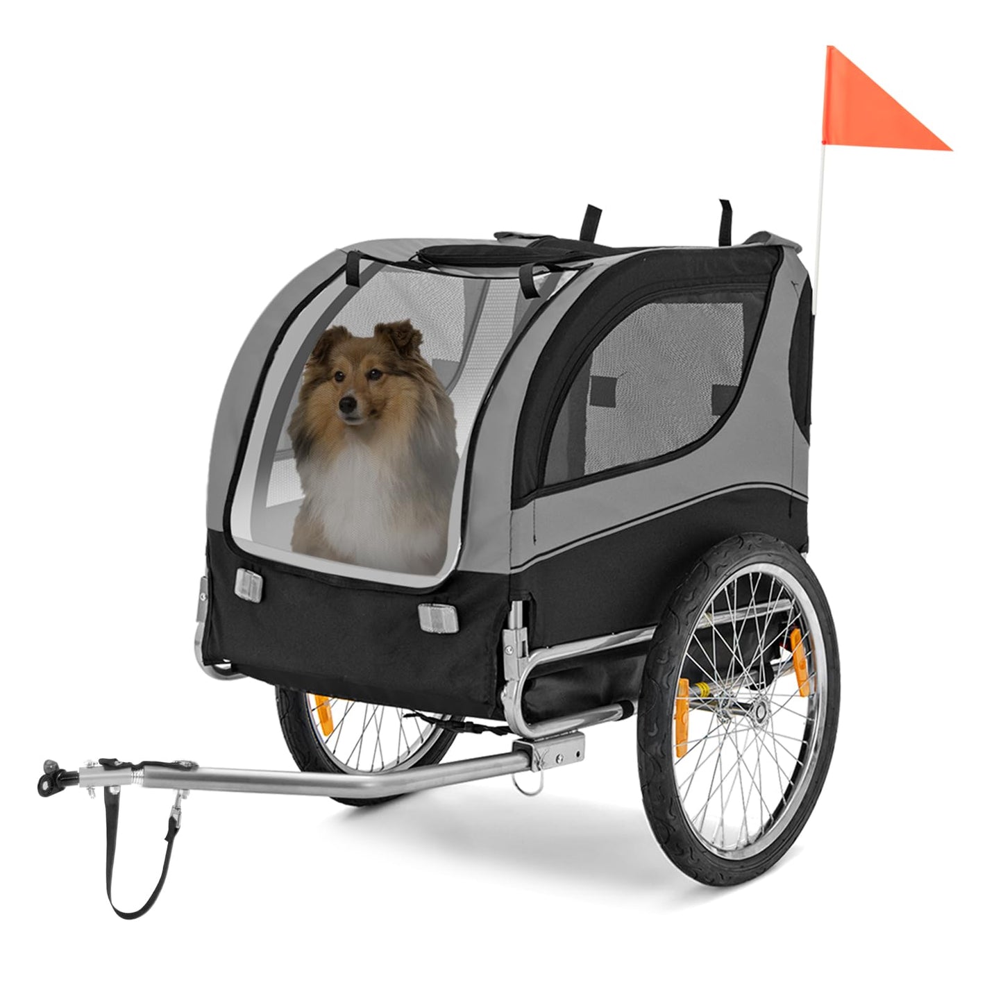 Tangkula Dog Bike Trailer, Breathable Mesh Dog Cart with 3 Entrances, Safety Flag