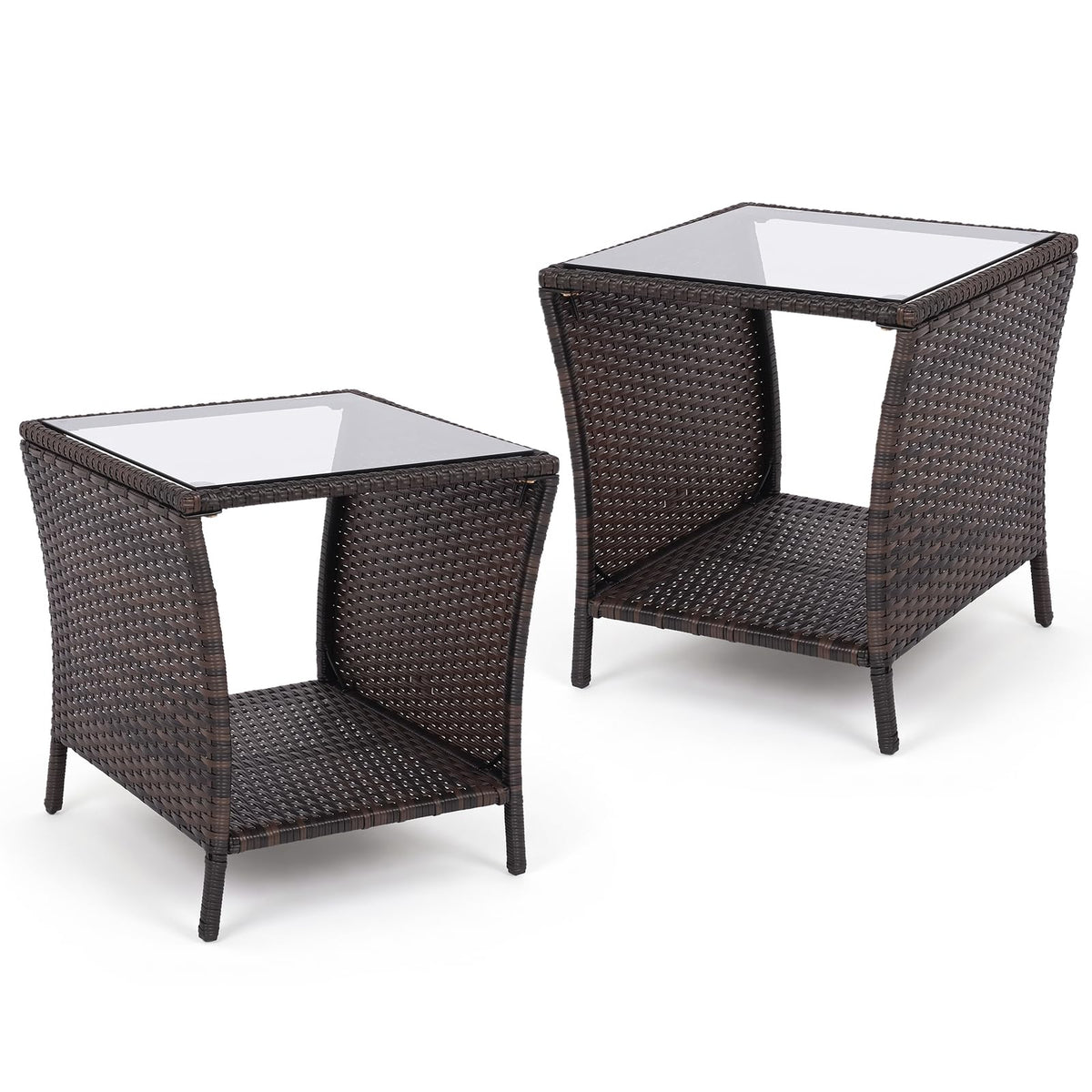 Tangkula Outdoor Wicker Side Table with Tempered Glass Top