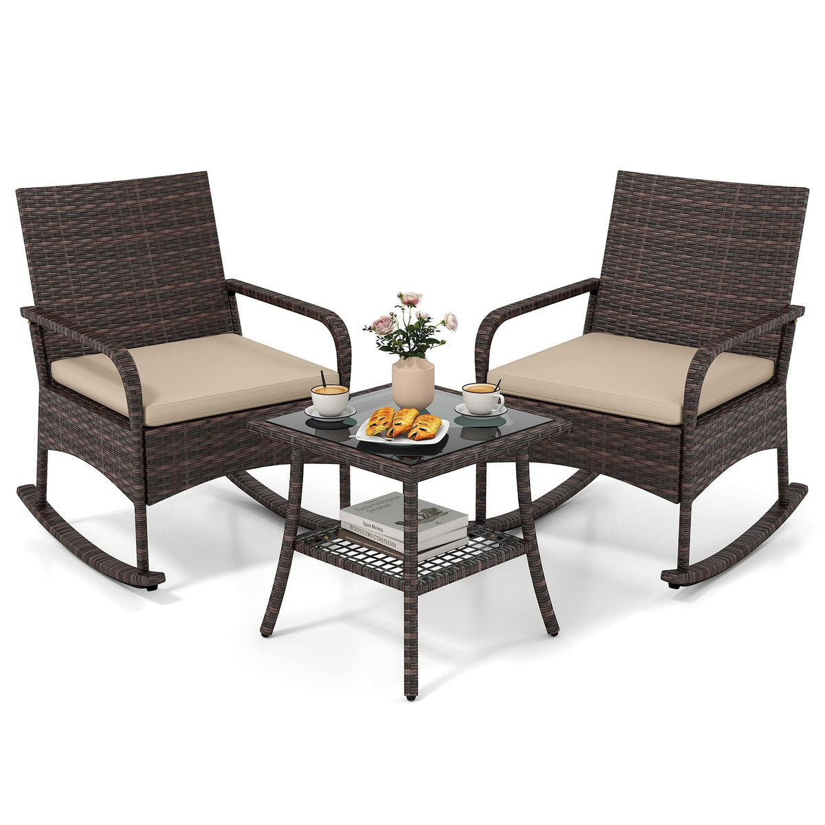 Tangkula 3-Piece Outdoor Wicker Rocking Bistro Set with 2-Tier Coffee Table