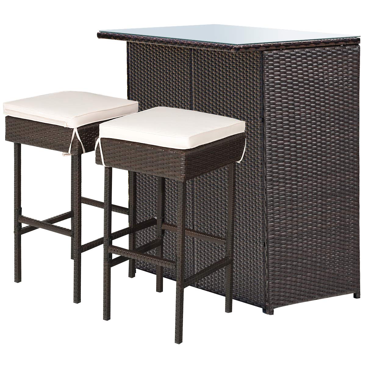 Tangkula Patio Bar Set, 3 Piece Outdoor Rattan Wicker Bar Set with 2 Cushions Stools & Glass Top Table