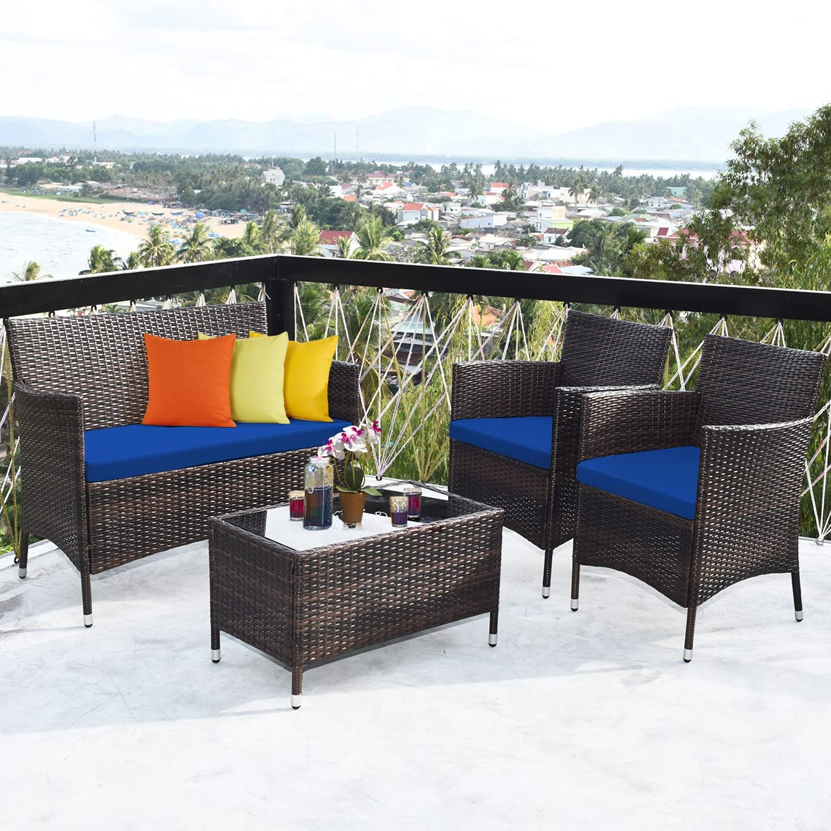 Tangkula 4-PCS or 8-PCS Patio Rattan Conversation Set, Outdoor Wicker Furniture Set with Tempered Glass Coffee Table &Thick Cushion
