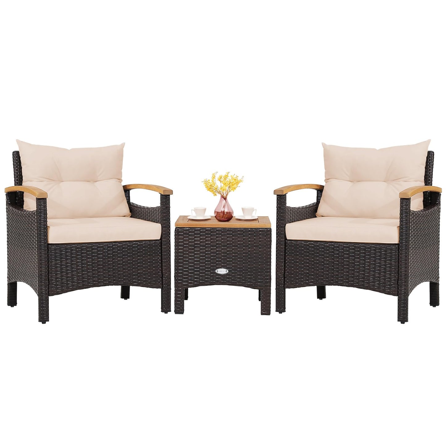 Tangkula 3-Piece Patio Furniture Set, Patiojoy Outdoor Rattan Sofa Set with Coffee Table, Patio Conversation Set with Removable Cushion