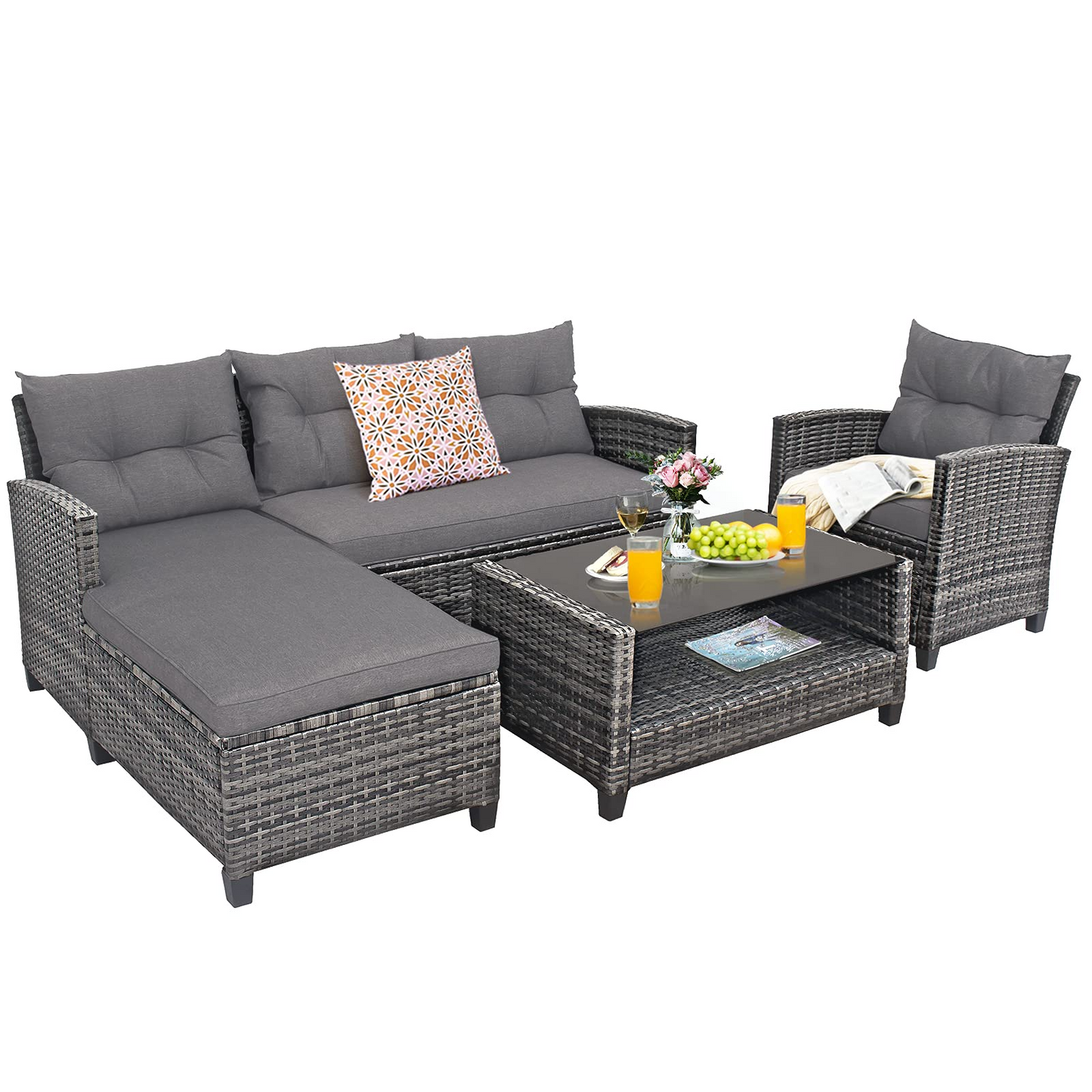 Tangkula 4 Pieces Rattan Conversation Set, Patiojoy Outdoor Furniture Set with Cushions, Lounge Sofa Set with Coffee Table