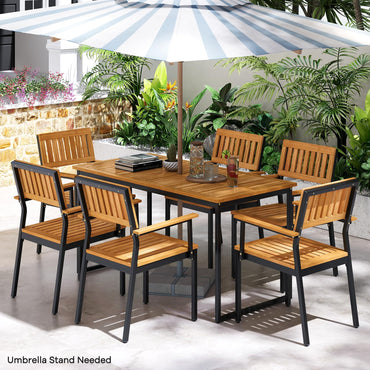Ensemble de salle à manger d'extérieur Tangkula 7 pièces pour 6 personnes, table à manger rectangulaire en bois d'acacia et 6 fauteuils avec cadre en métal