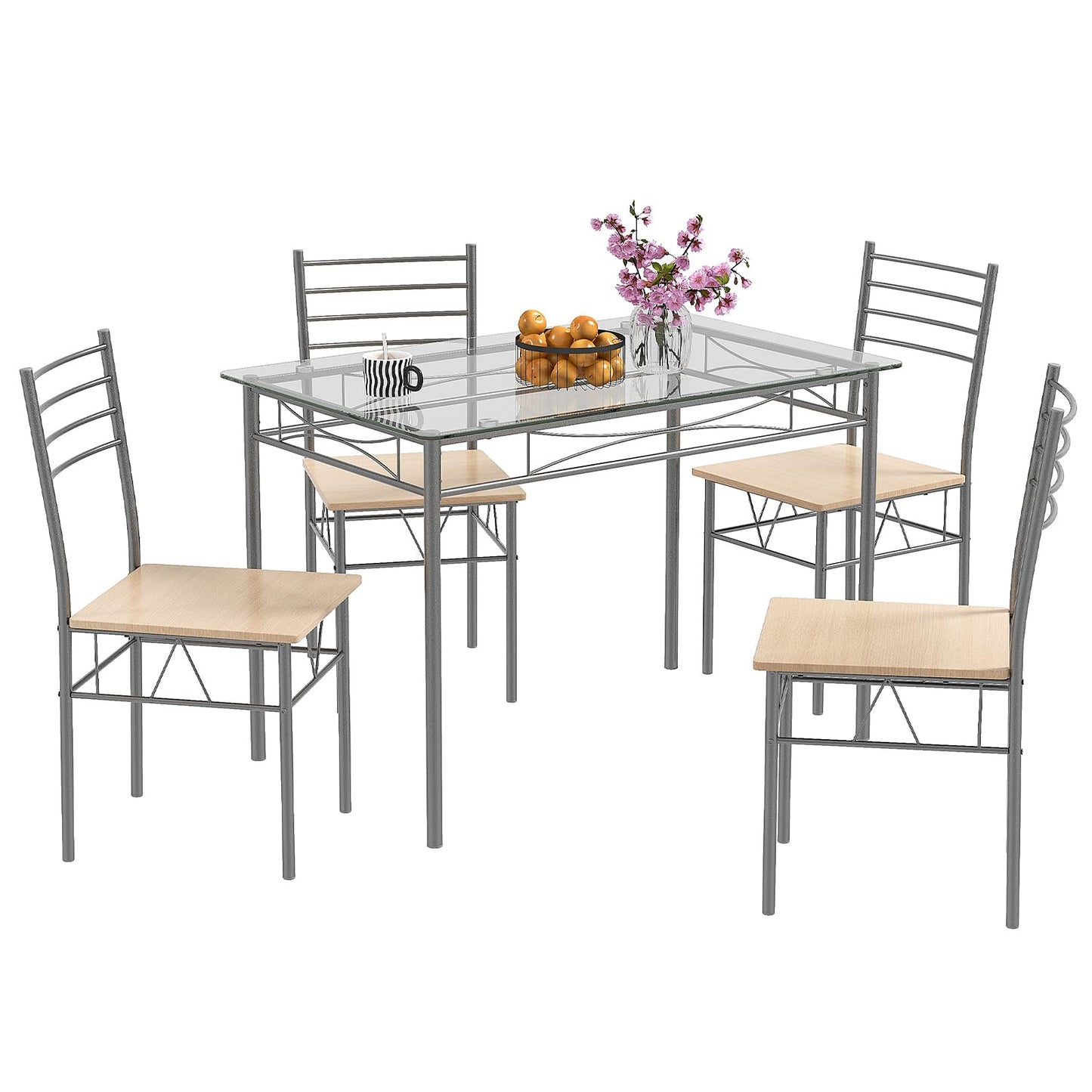 Tangkula Dining Table Set, 5 Pieces Dining Set with Tempered Glass Top Table and 4 Chairs