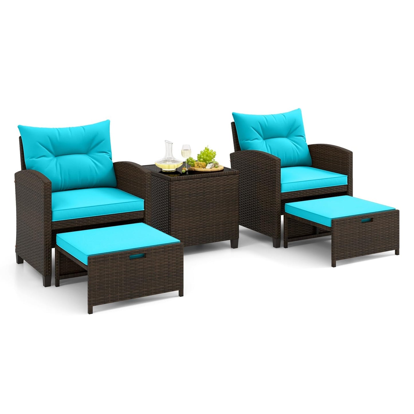 Tangkula Salon de Jardin 5 Pièces en Rotin, Ensemble de Chaises Coussinnées en Osier avec 2 Poufs et une Table Basse en Verre Trempé