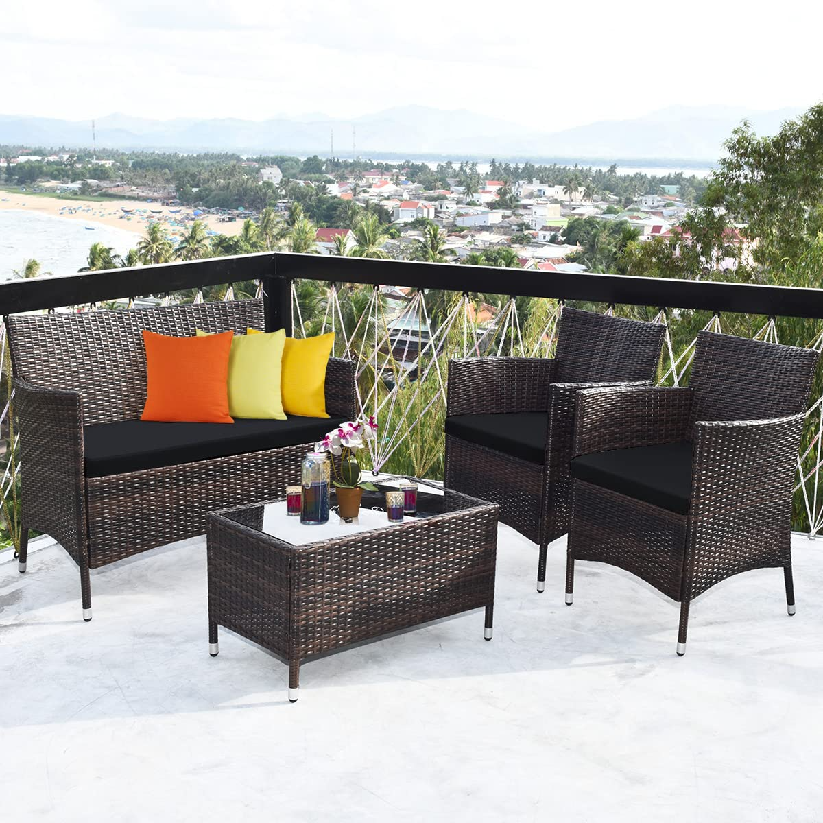 Tangkula 4-PCS or 8-PCS Patio Rattan Conversation Set, Outdoor Wicker Furniture Set with Tempered Glass Coffee Table &Thick Cushion