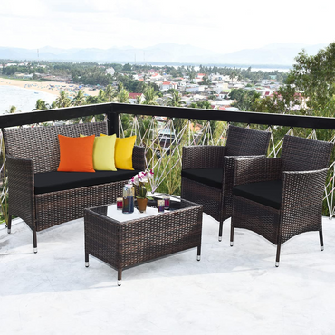 Tangkula Ensemble de Conversation en Rotin pour Patio, 4 ou 8 Pièces, Mobilier d'Extérieur en Osier avec Table Basse en Verre Trempé et Coussins Épais