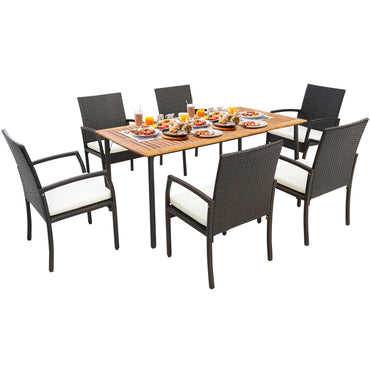 Tangkula Outdoor Dining Set with Acacia Wood Table and Wicker Rattan Armrest Chairs