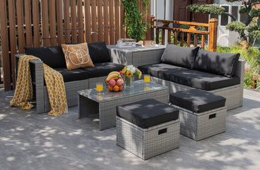 Ensemble de mobilier de patio en osier 8 pièces, table basse, 2 poufs, 2 canapés sans accoudoirs et 2 canapés d'angle