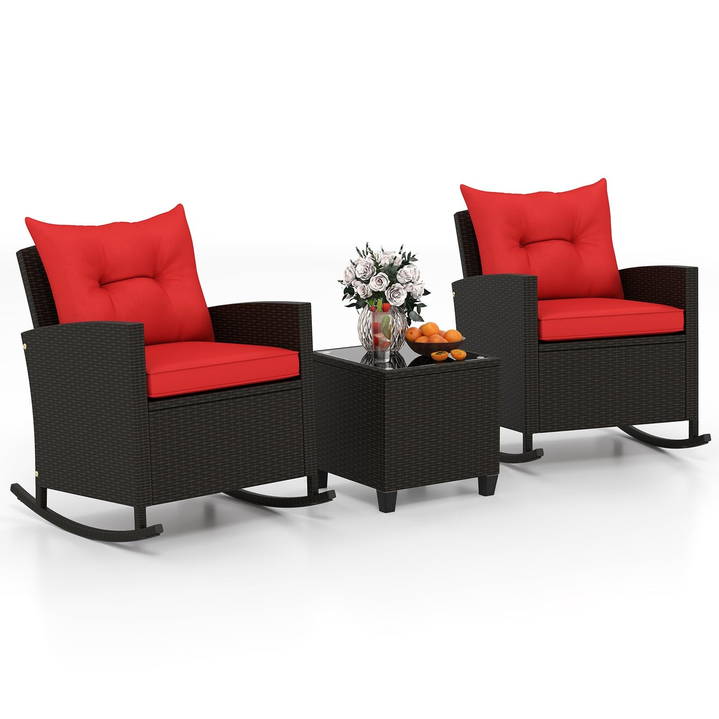 Tangkula 3 Piece Wicker Rocking Set, Patio Rattan Roker Chairs with Tempered Glass Table & Soft Cushions