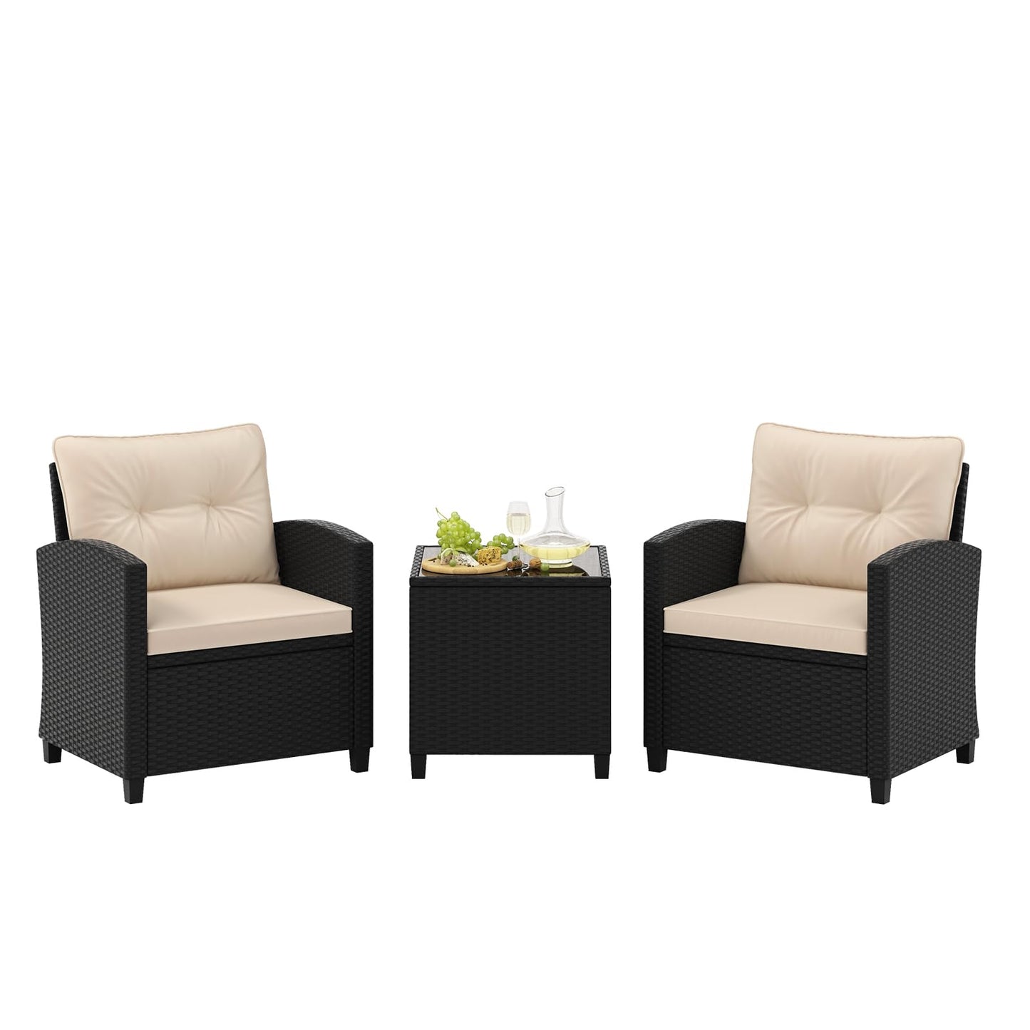 Tangkula 3 Piece Patio Furniture Set, Rattan Conversation Set w/Soft Seat & Back Cushions
