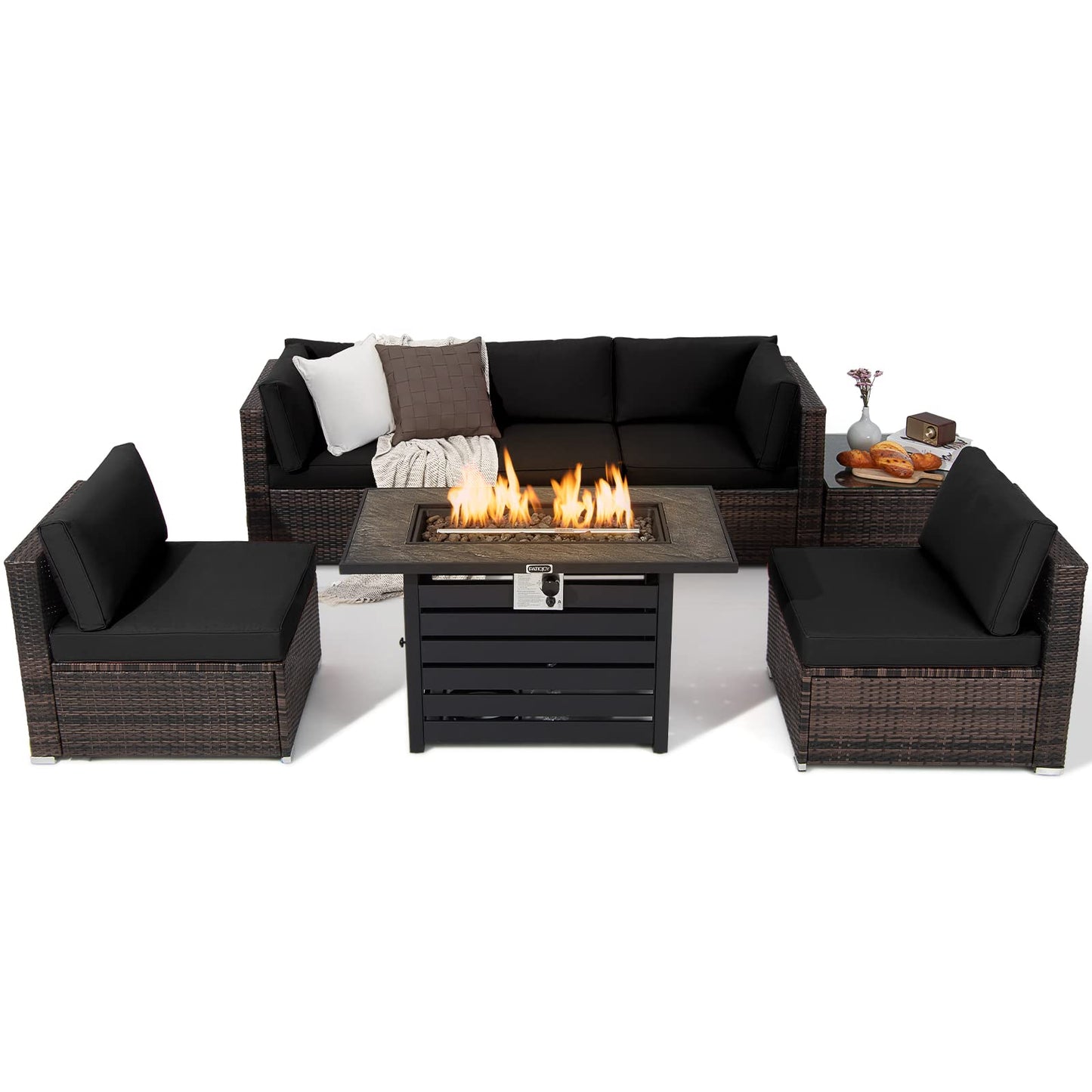 Tangkula 7 Piece Outdoor Patio Furniture Set with 42" Propane Fire Pit Table