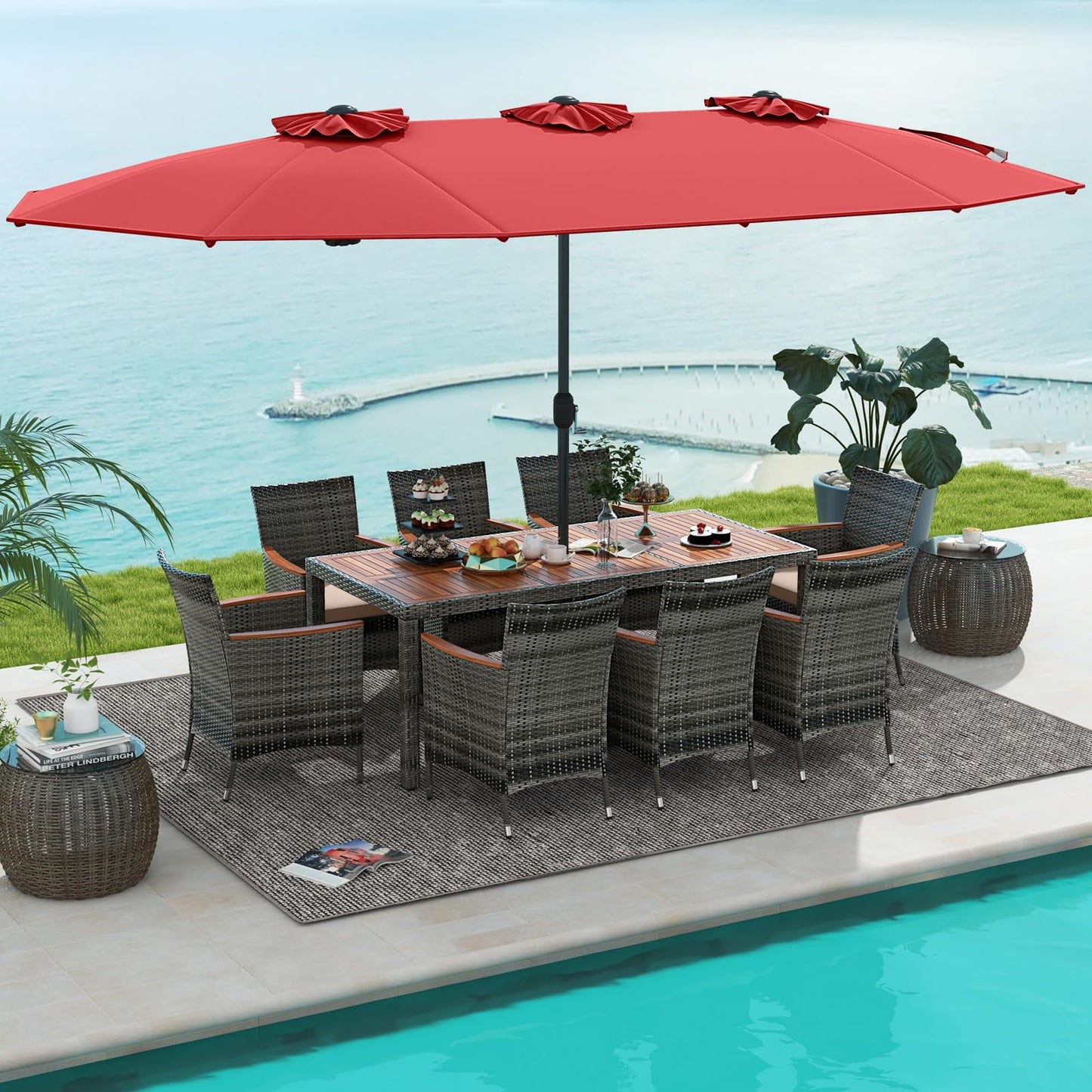 Tangkula 10 Piece Patio Rattan Dining Set with 15Ft Double-Sided Umbrella, Outdoor Acacia Wood Table and Wicker Chairs Set