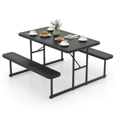 Tangkula HDPE Outdoor Rectangular Table Bench Set with 2 Built-in Benches