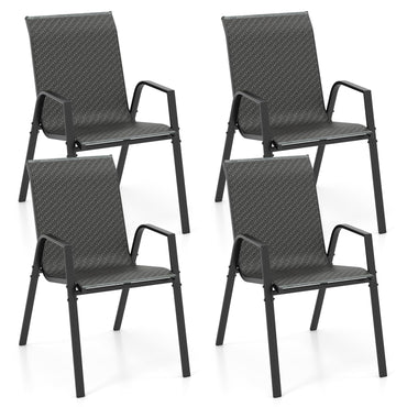 Tangkula Lot de 4 chaises de salle à manger empilables en rotin pour patio, avec dossier et assise en osier tressé