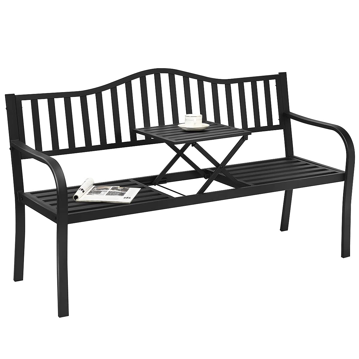 Tangkula Outdoor Garden Bench with Pullout Middle Table
