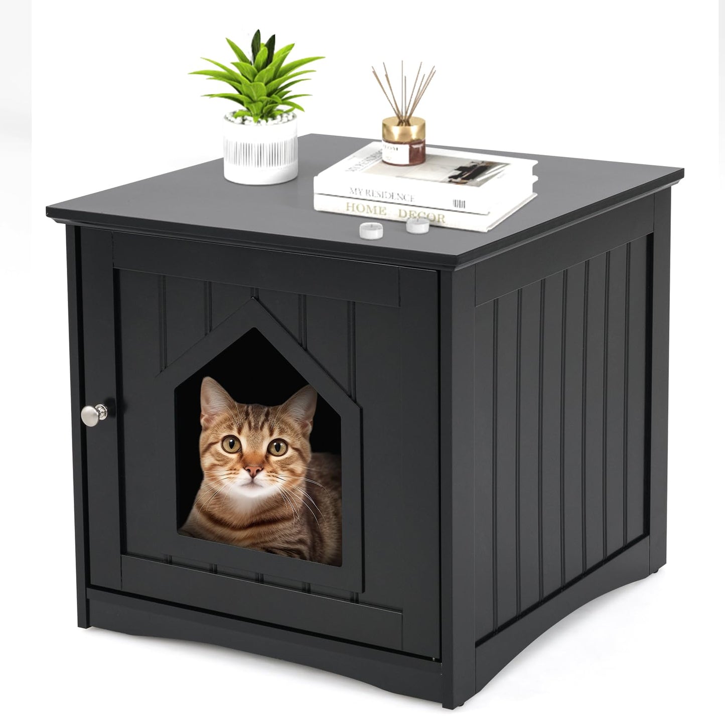 Meuble Cache-litière, Meuble de Toilettes pour Chat Dissimulé, Maisonnette pour Animaux de Compagnie avec Porte Magnétique et Fonction de Table de Chevet