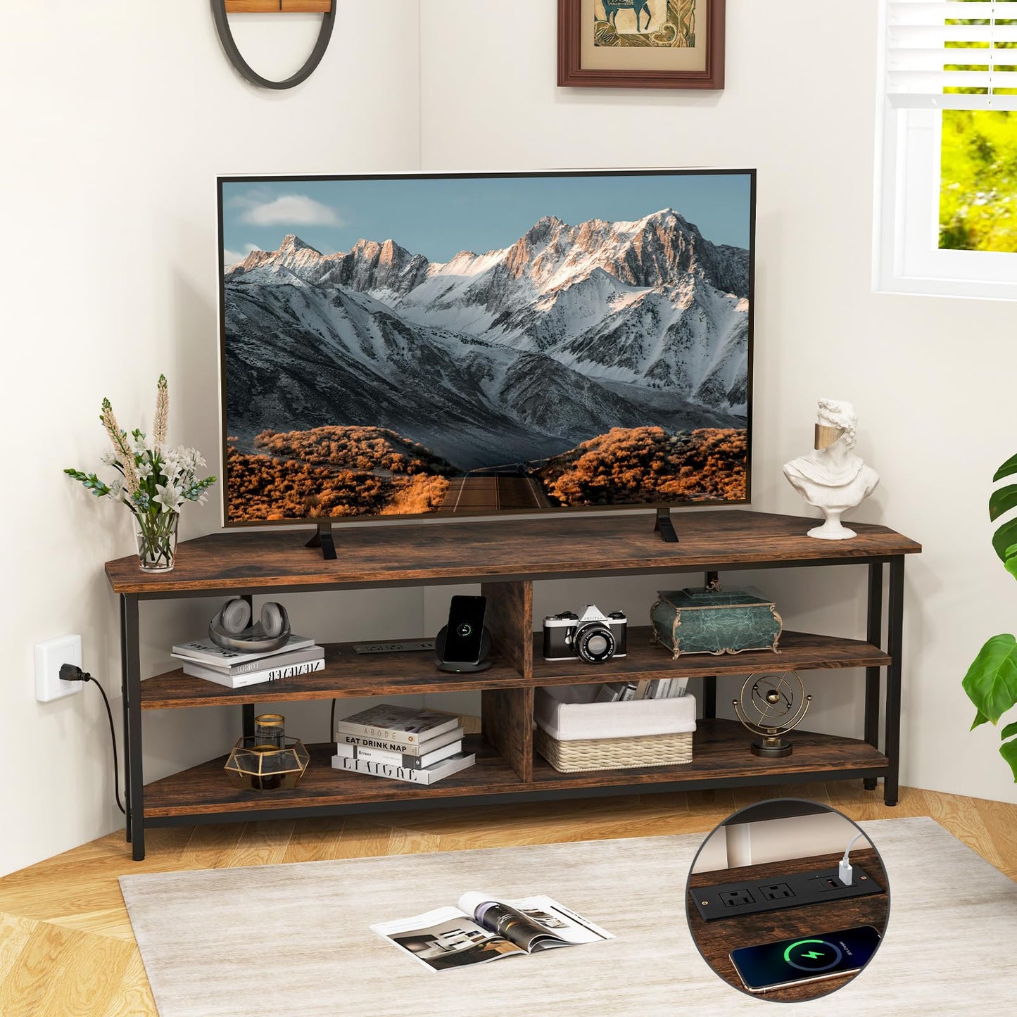 Tangkula Corner TV Stand for TVs up to 65”, TV Console Table w/AC Outlets, USB A Ports, USB C Port