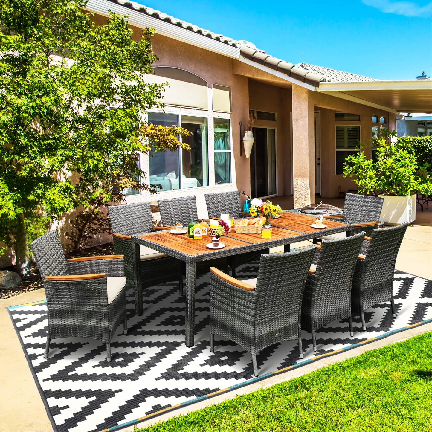 Tangkula Ensemble de salle à manger de patio 9 pièces, mobilier d'extérieur en bois d'acacia et rotin