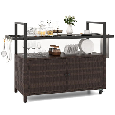 Tangkula Outdoor Bar Cart Patiojoy Rolling Wicker Buffet Serving Cart