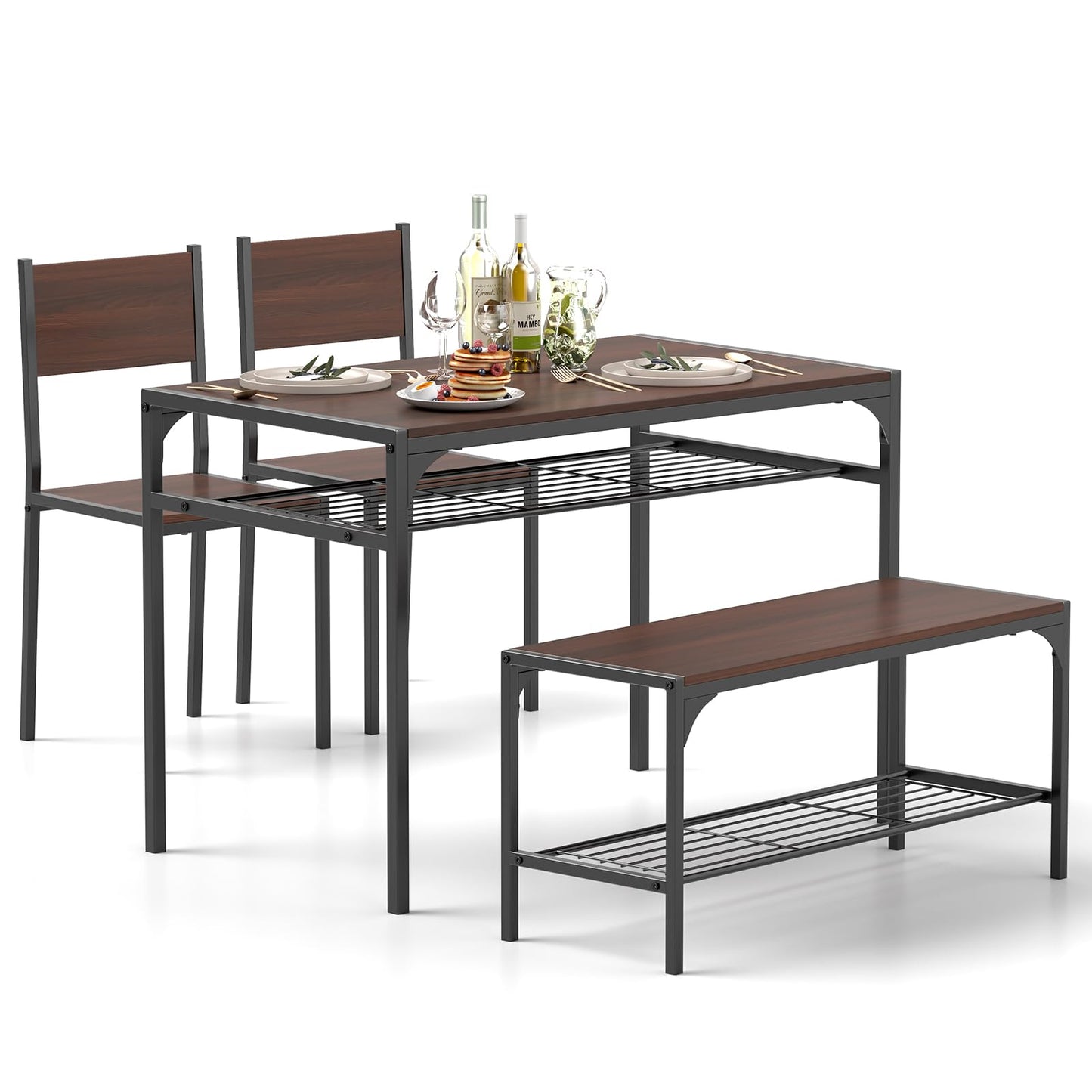Ensemble table de salle à manger Tangkula pour 4, table de cuisine avec banc et chaises, étagère de rangement supplémentaire
