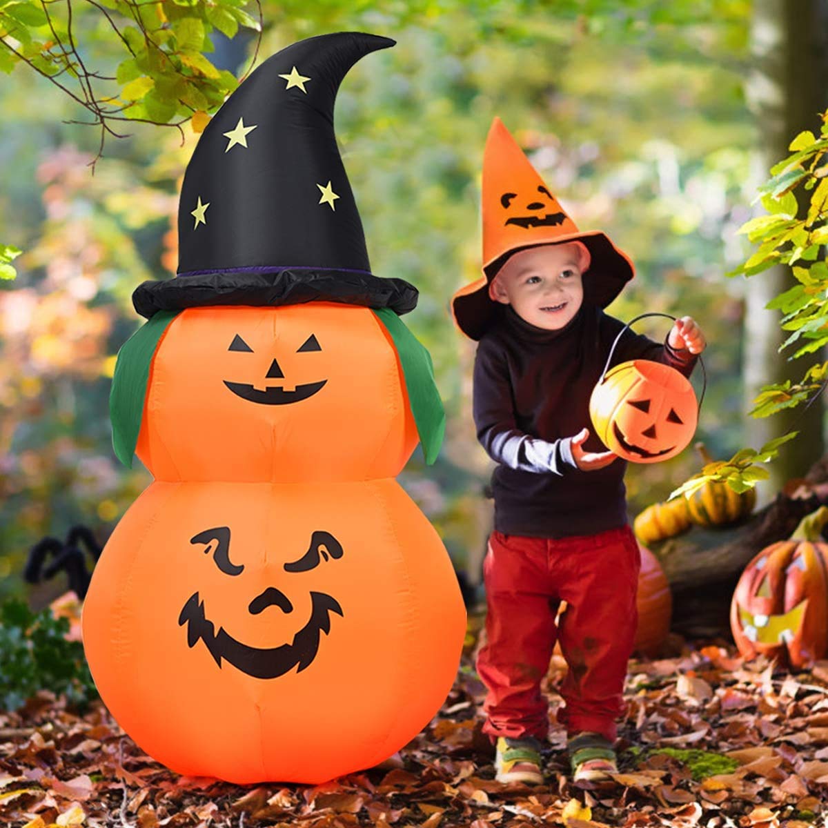 Tangkula 5 Ft Halloween Inflatable Pumpkin with Witch Hat