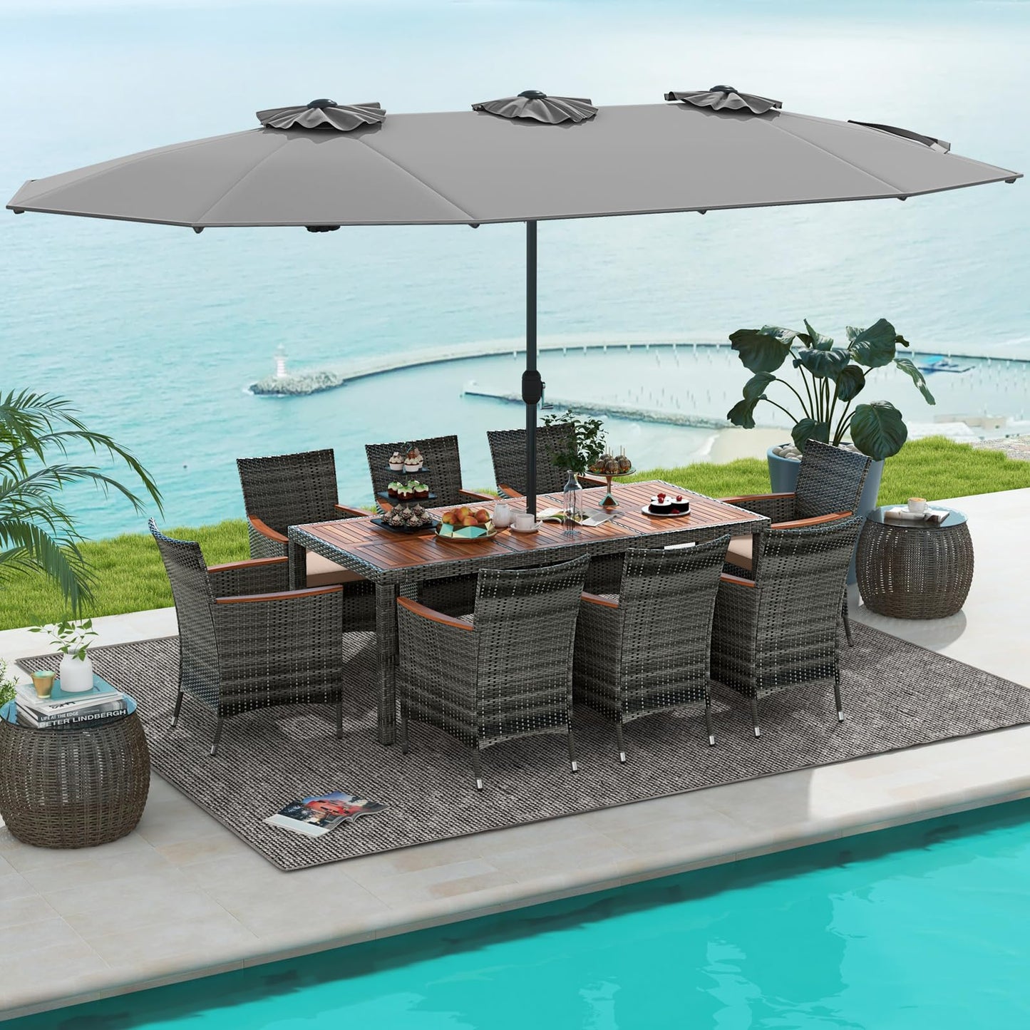 Tangkula 10 Piece Patio Rattan Dining Set with 15Ft Double-Sided Umbrella, Outdoor Acacia Wood Table and Wicker Chairs Set