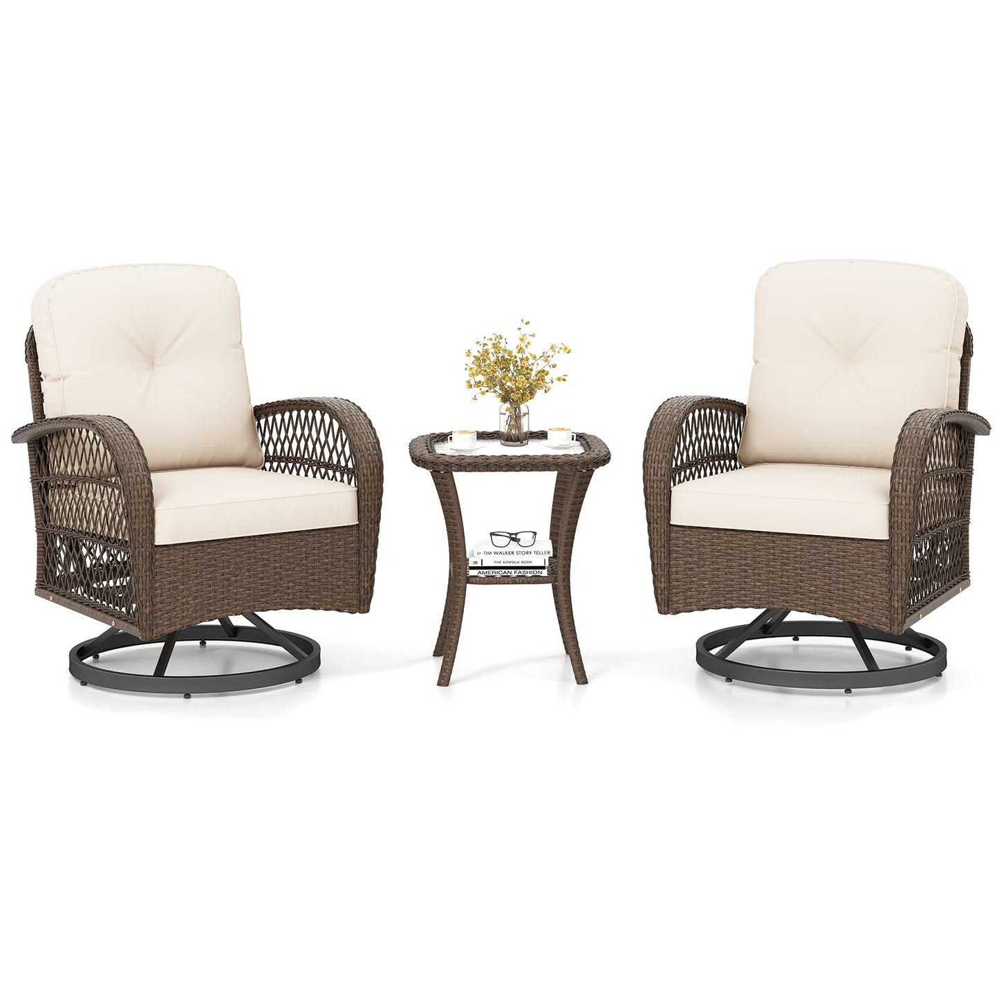 Tangkula 3 Piece Patio Swivel Rocker Set 2 Outdoor Wicker Rocking Chairs
