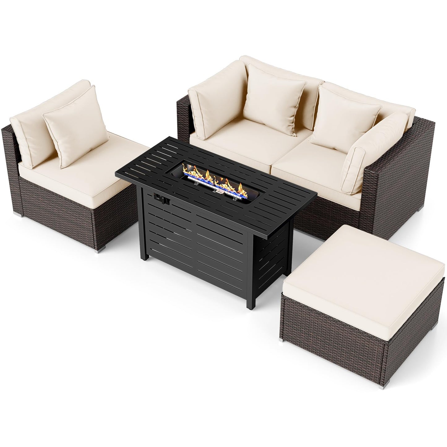 Tangkula 5 Piece Patio Rattan Sectional Sofa Set with 60,000 BTU Firepit Table