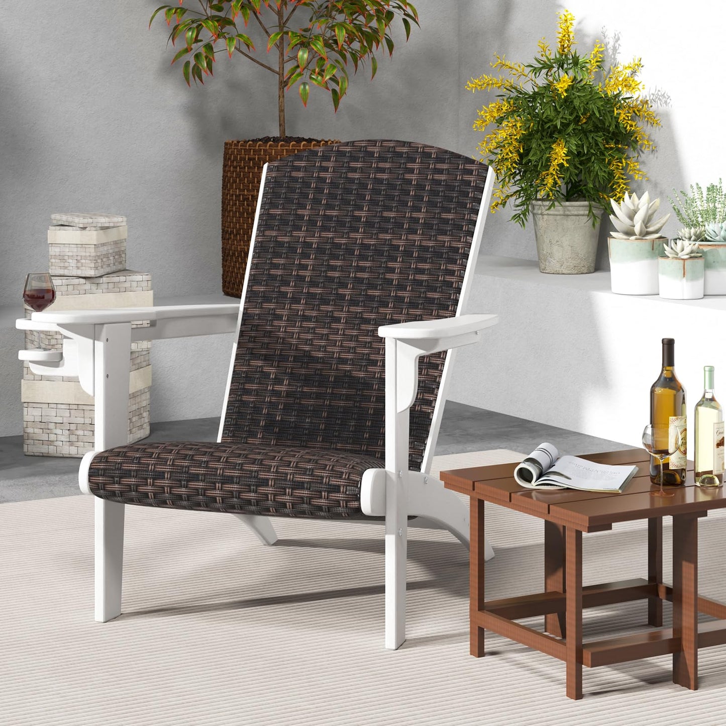 Tangkula Patio Wicker Adirondack Chair, HDPE Lounge Chair w/Rattan Padded Seat & Back