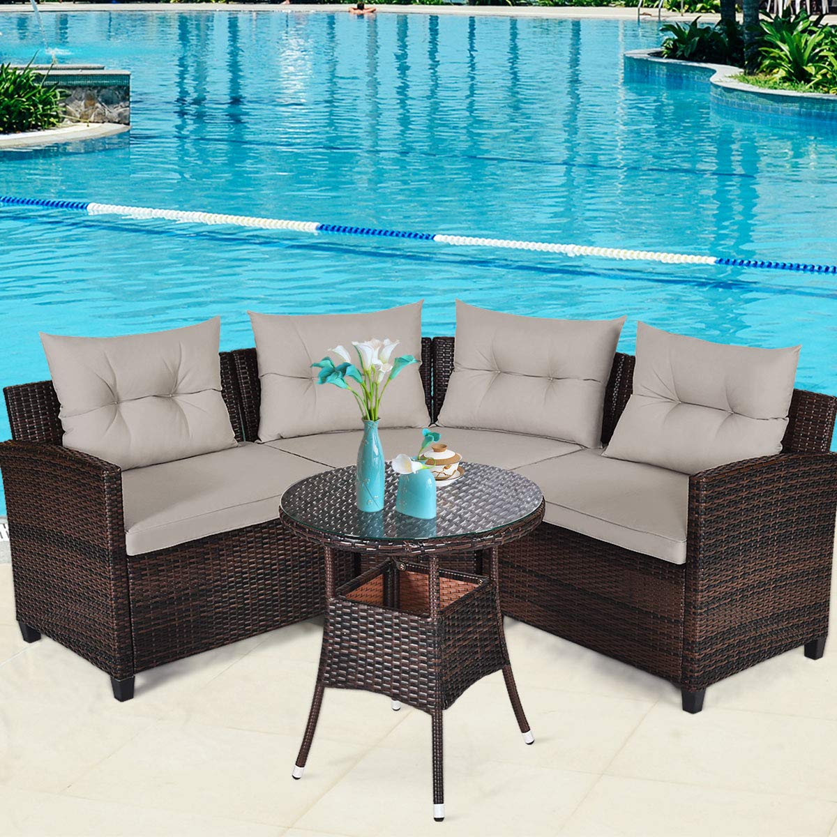 4-Piece Patio Furniture Set, C-Shape Outdoor Wicker Sectional Sofa Set