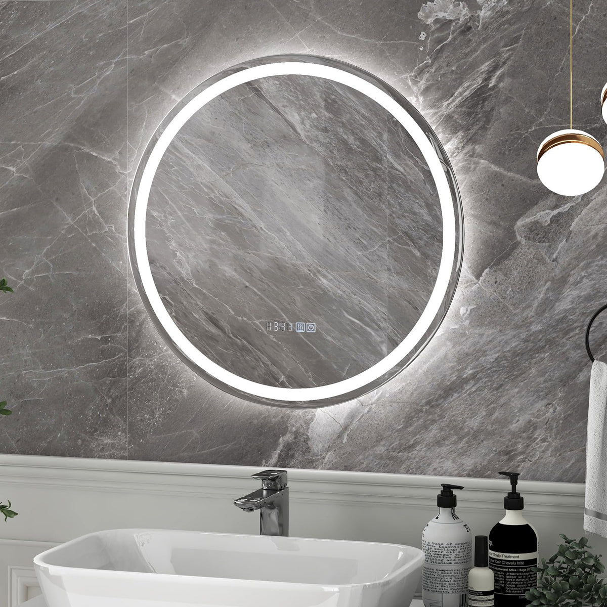 Tangkula LED Bathroom Mirror, Wall Mounted Round Mirror w/ 3-Color Dimmable Lights