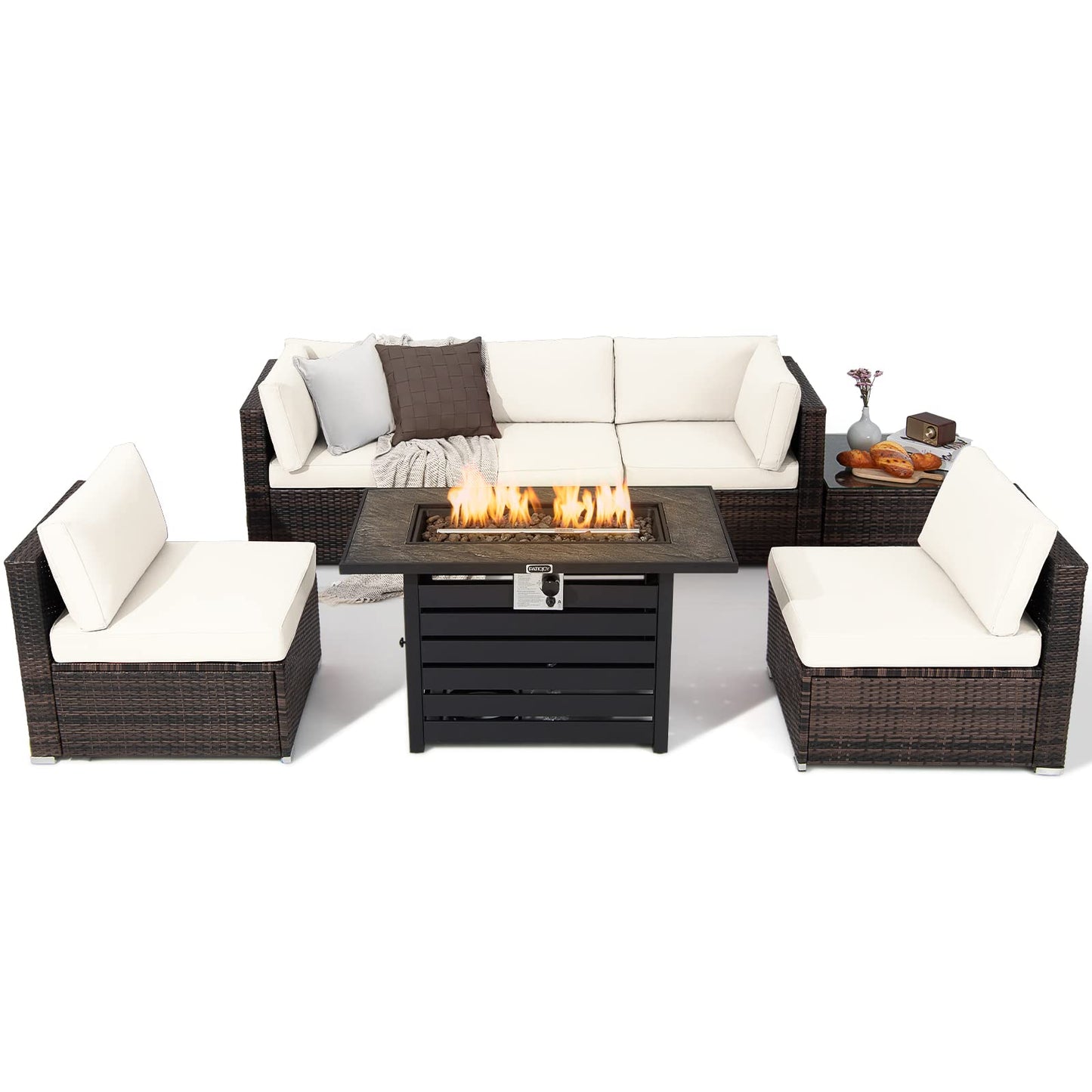 Tangkula 7 Piece Outdoor Patio Furniture Set with 42" Propane Fire Pit Table