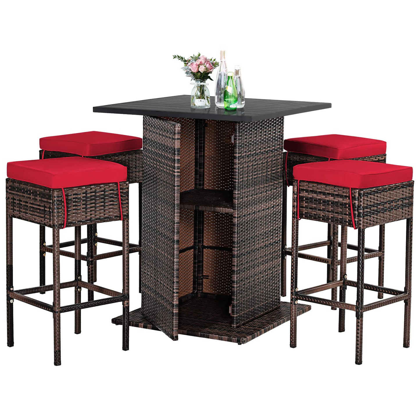 Tangkula 5 Piece Outdoor Rattan Bar Set, Patio Bar Furniture with 4 Cushions Stools and Smooth Top Table