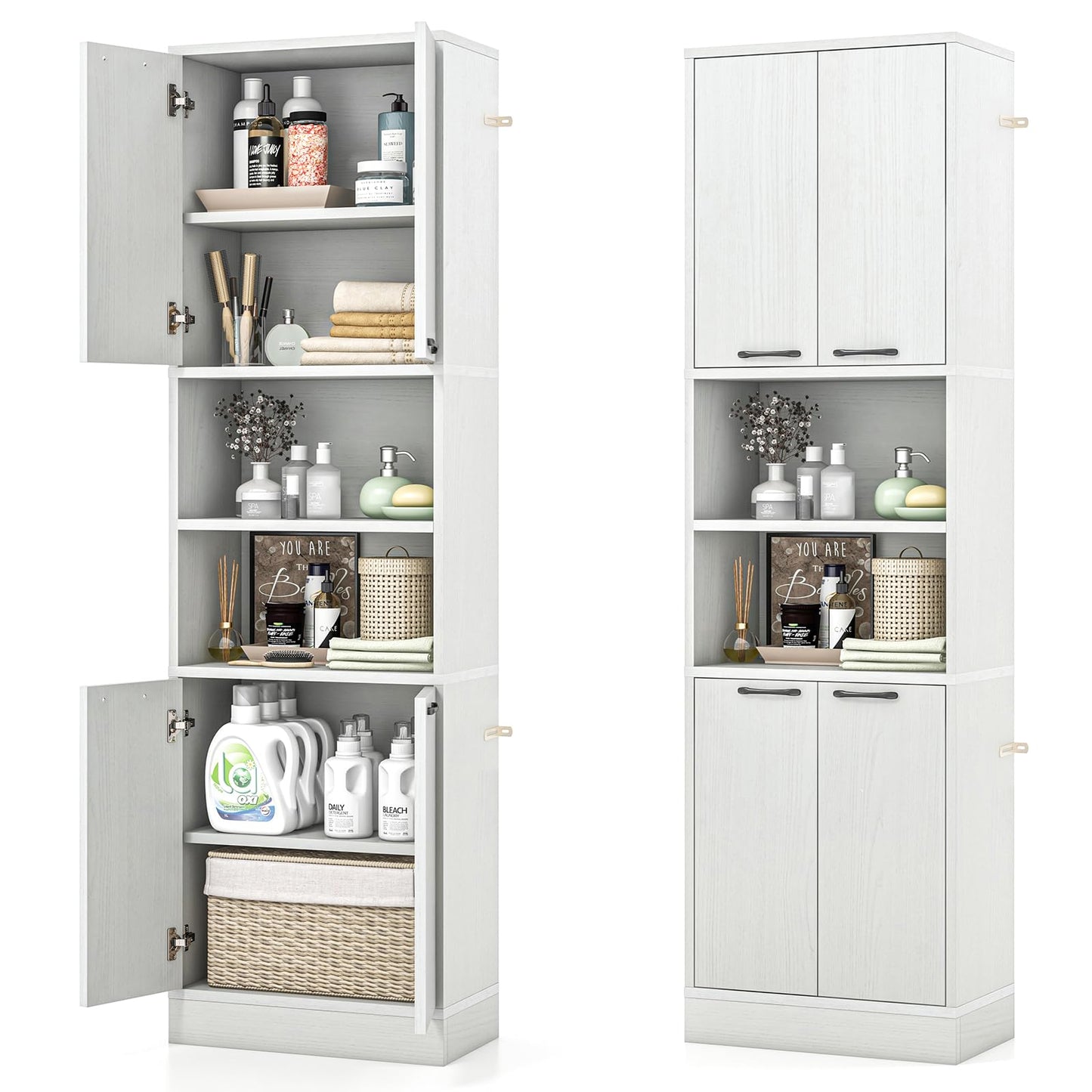 Tangkula 75" Tall Bathroom Storage Cabinet, Bathroom Floor Cabinet with 4 Doors & 2 Open Shelves