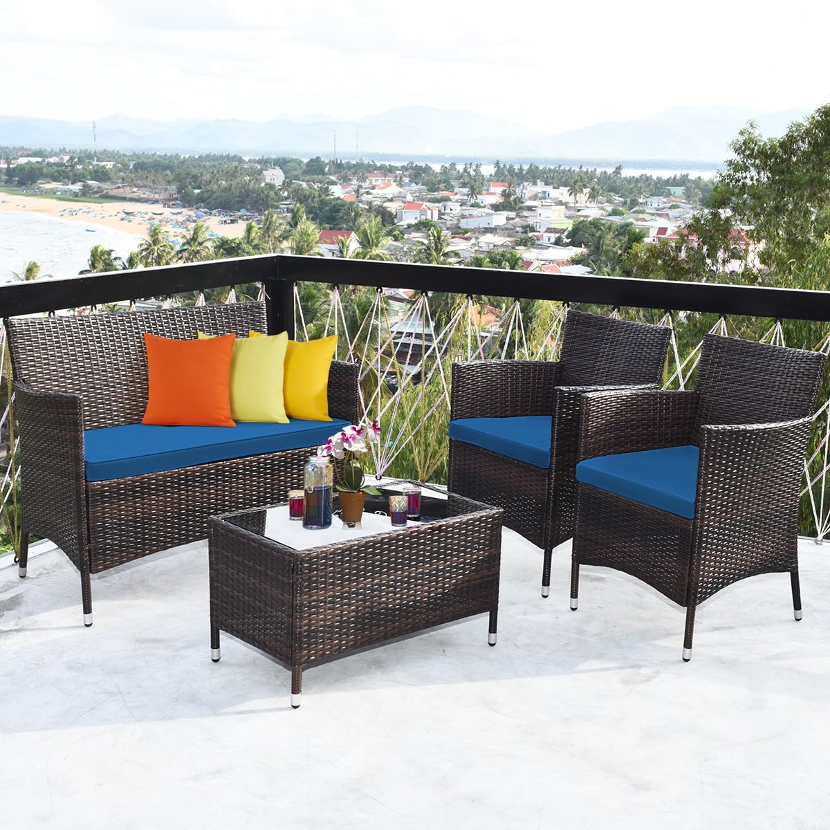 Tangkula 4-PCS or 8-PCS Patio Rattan Conversation Set, Outdoor Wicker Furniture Set with Tempered Glass Coffee Table &Thick Cushion